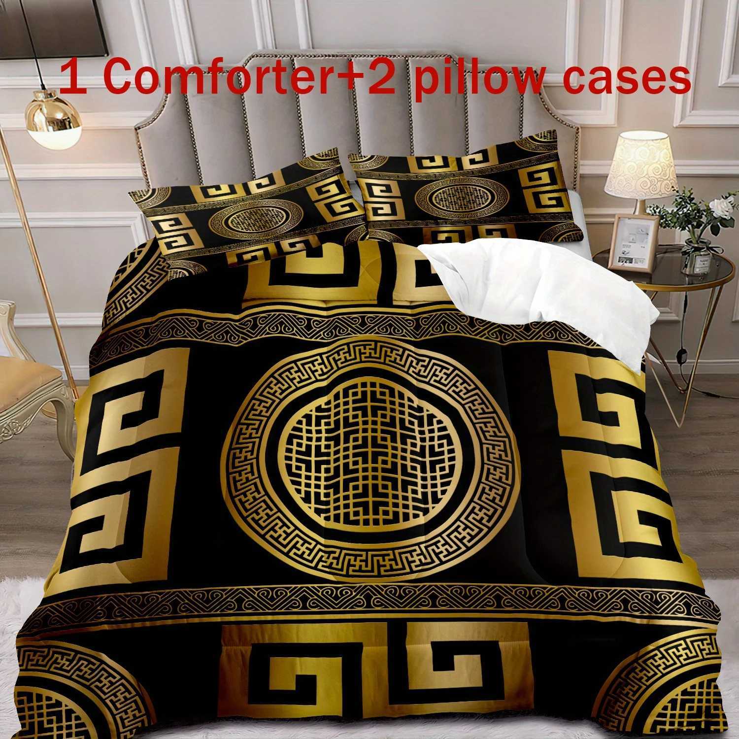 3pcs Luxury Golden Geometric Printed Comforter Set Printed Bedding For Bedroom Home Dorm DecorXJ250220