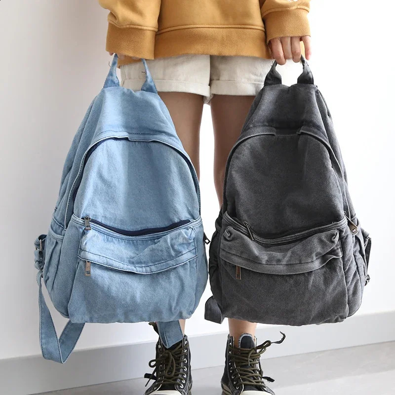 Retro Distressed Canvas Gray Backpack College Female Book Travel Backpacks Cool DenimLaptop Lady Student Ruckpack Bags sac 250122