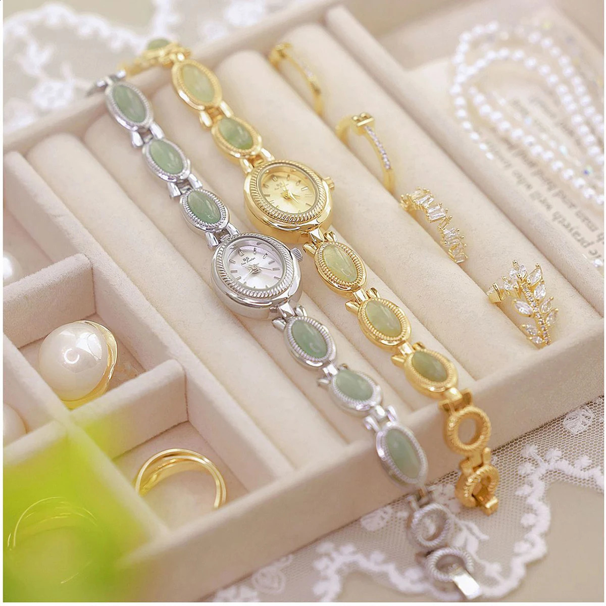 BS Ladies Watch 2024 Jade Beads Bracelet Quartz Watches For Women Jewelry Clock Gold Silver 250221