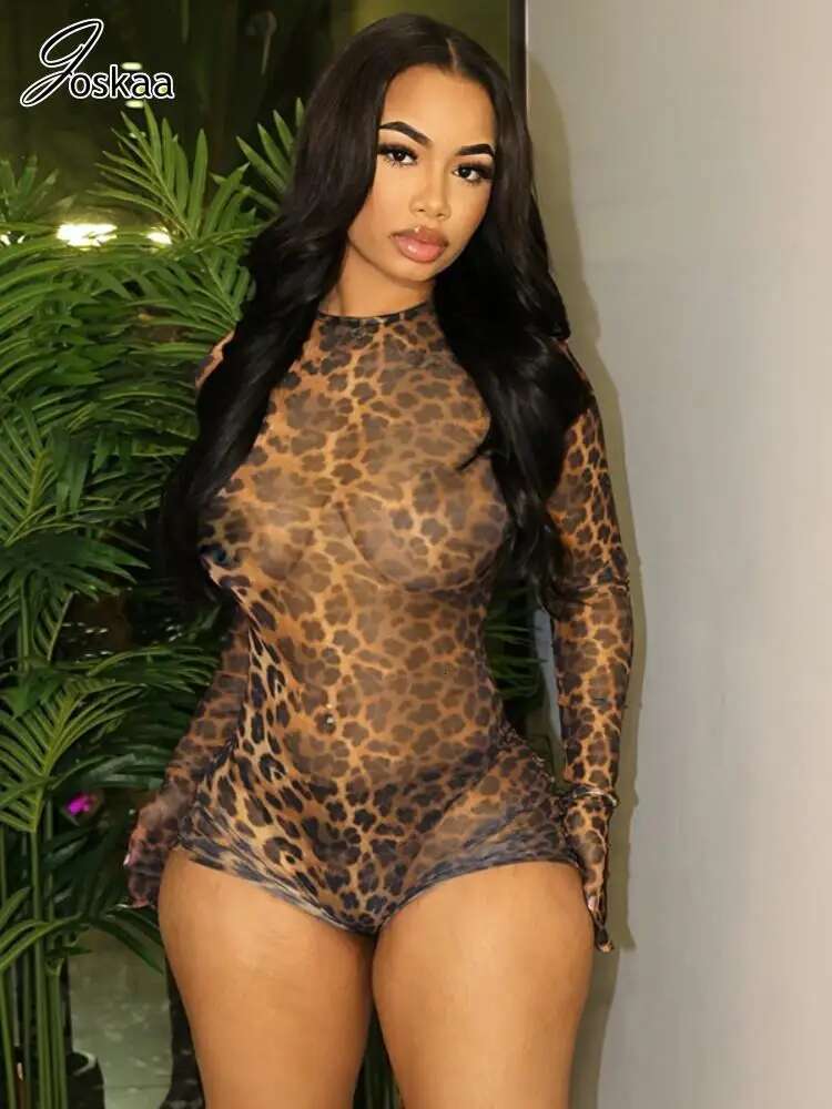 Joskaa Leopard Print Mesh Playsuits Women Sexy O-Neck Full Sleeve Backless Skinny One Piece Rompers 2025 Clubwear Y2k Streetwear