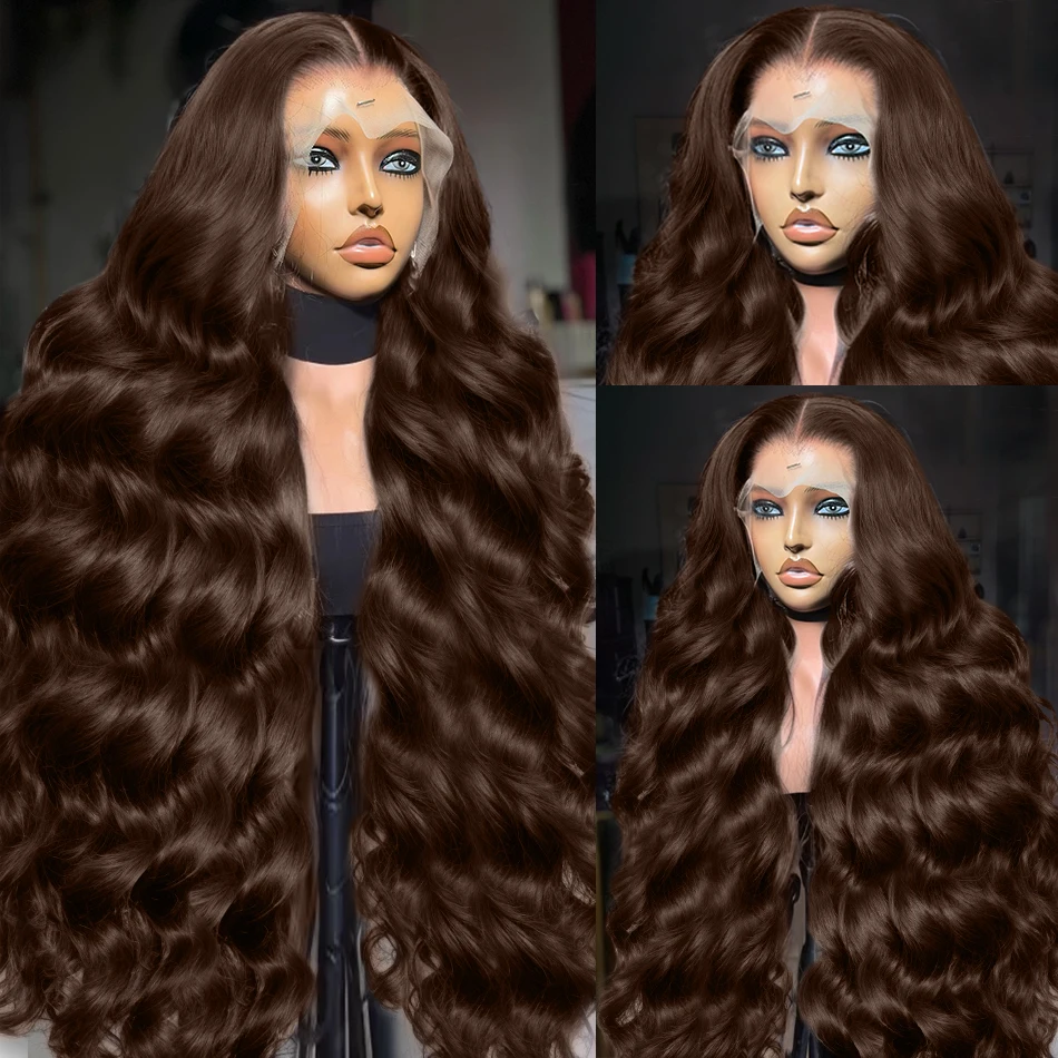Free shipping 40 Inch Biazilian Chocolate Brown Body Wave 13x4 Transparent Lace Front Human Hair 200% Density Colored Synthetic Wig for Women