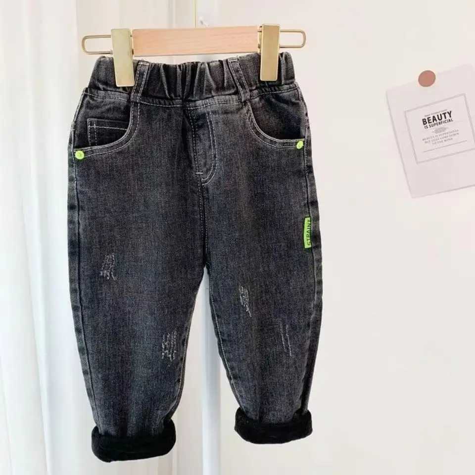 Boys Autumn And Winter Plush Jeans 2023 New Childrens Stretch Jeans Korean Edition One Piece Plush Pants For Kids Z250220
