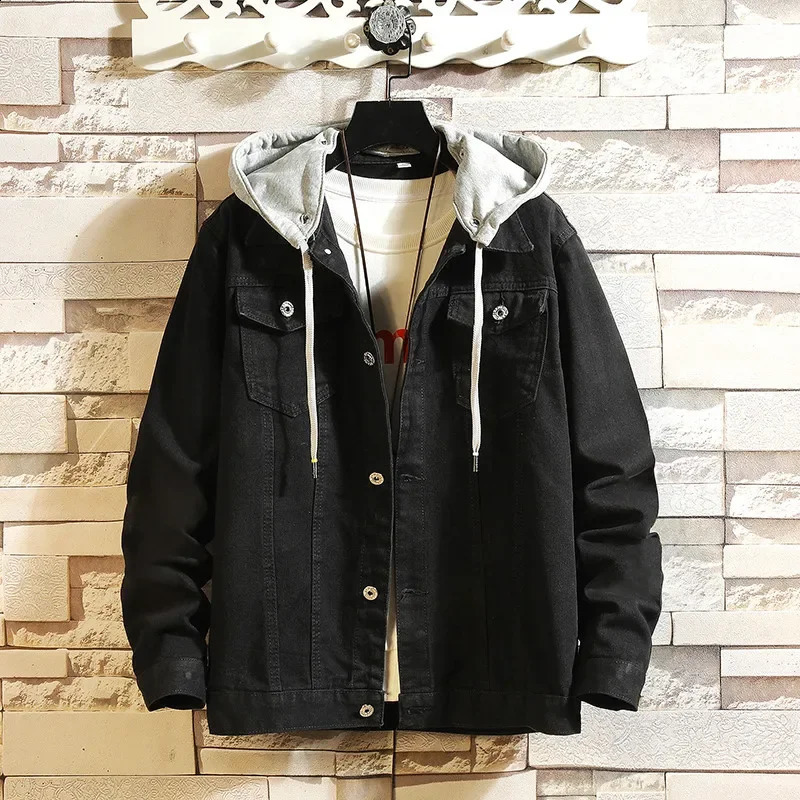 Fashion Hooded Denim Jacket Men Turn Down Collar Casual Jean Outerwear Streetwear Hip Hop Solid Color Loose Coat ZL121 250212