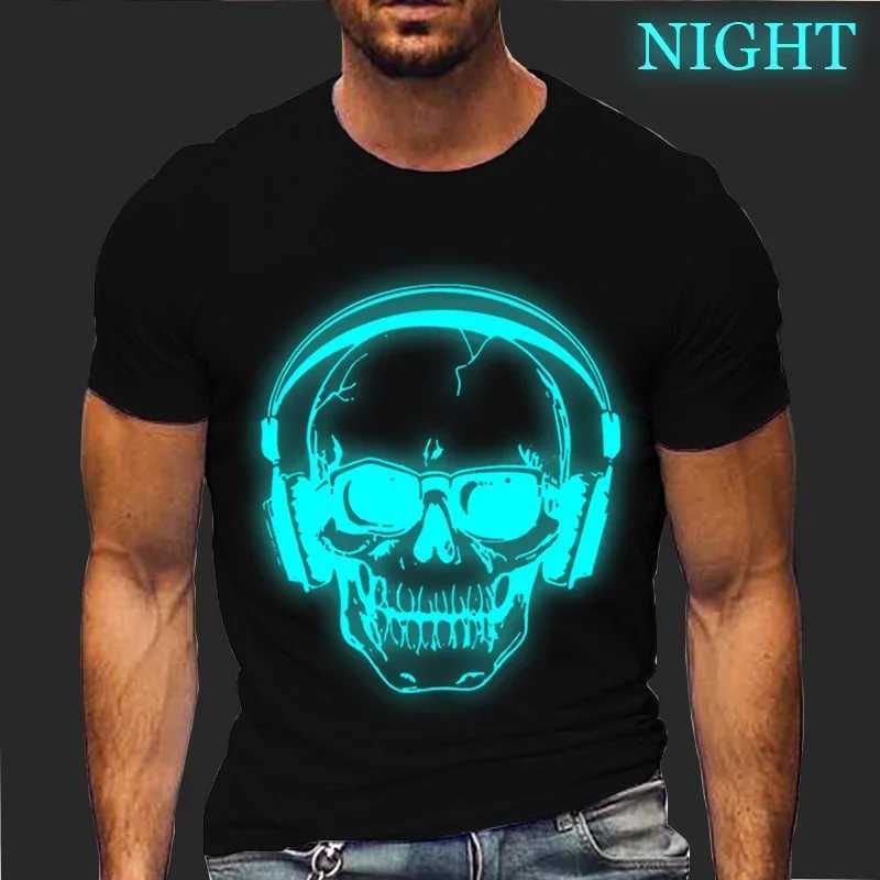 Skull Print T-shirts for Men Clothing Funny Music Tee Shirts Homme Luminous DJ Male T Shirt Short Sleeve Clothes Camiseta Hombre W250220