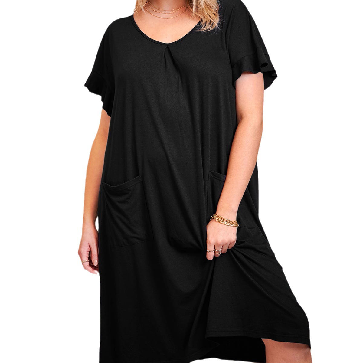 B711-Summer cross-border European and American plus size women's nightdress cotton short-sleeved loose round neck pocket home clothes long skirt 