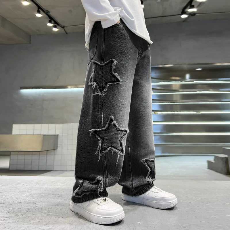 New Fashion Teenager Boys Denim Wide Leg Pants Child Trousers Spring Autumn Star Splicing R Edge Jeans 5-14 Yrs Kids Trousers Z250220