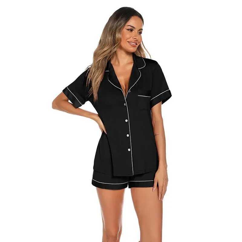 Summer Ice Silk Pajamas for Women Simple Short-sved Home Wear Set of Tops and ShortsXJ250220