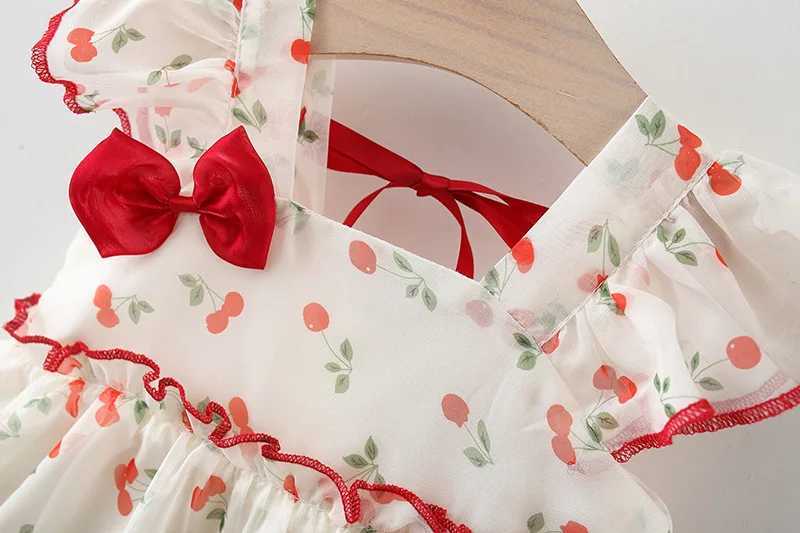 Baby 0-4 years old summer sweet and cute bow dress cherry chiffon dress girl internet gauze acrylic dress X250220
