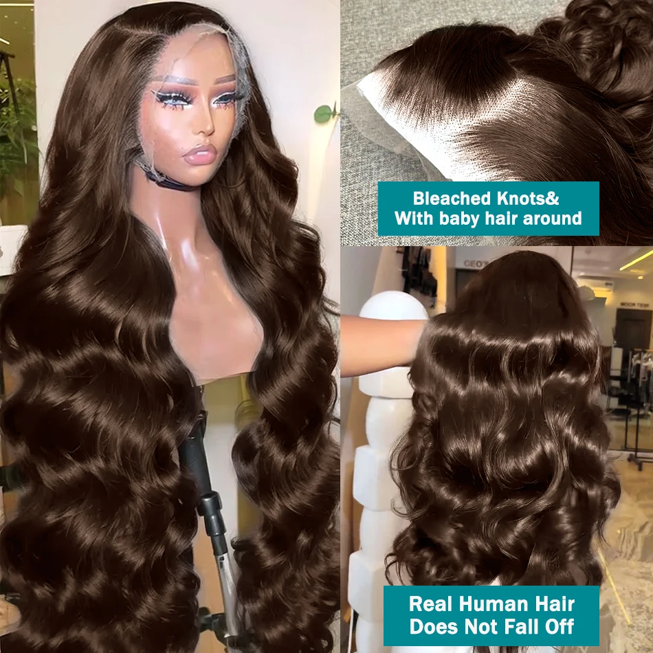 Free shipping 40 Inch Biazilian Chocolate Brown Body Wave 13x4 Transparent Lace Front Human Hair 200% Density Colored Synthetic Wig for Women