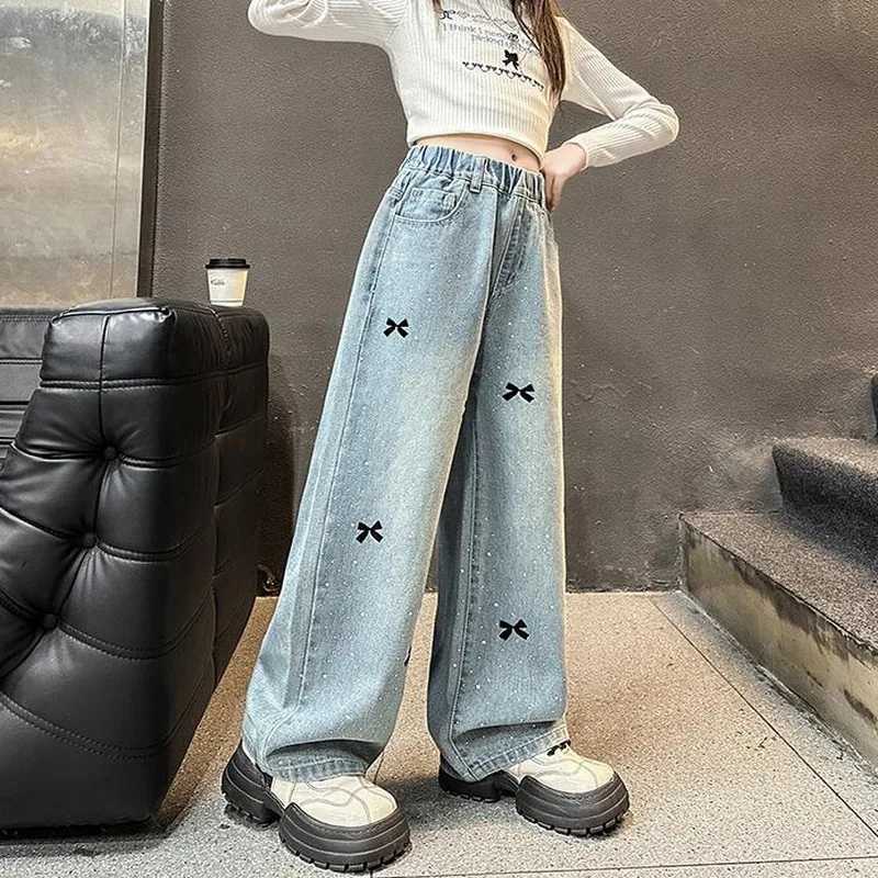 2025 Spring Child Casual Jeans with Bow Embroidery for Girl Fashion High Street Denim Pants Kids High-waisted Jeans Trousers Z250220