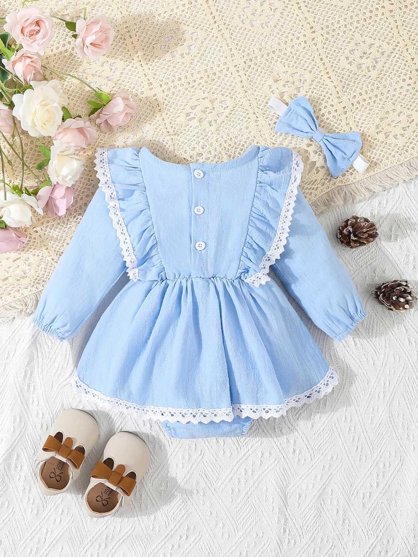 Baby Girls Clothes 2Pcs Cute Lace Ruffled Long Sleeve Cotton Dress Headwear Toddler Girls Clothing Outfit Set X250220
