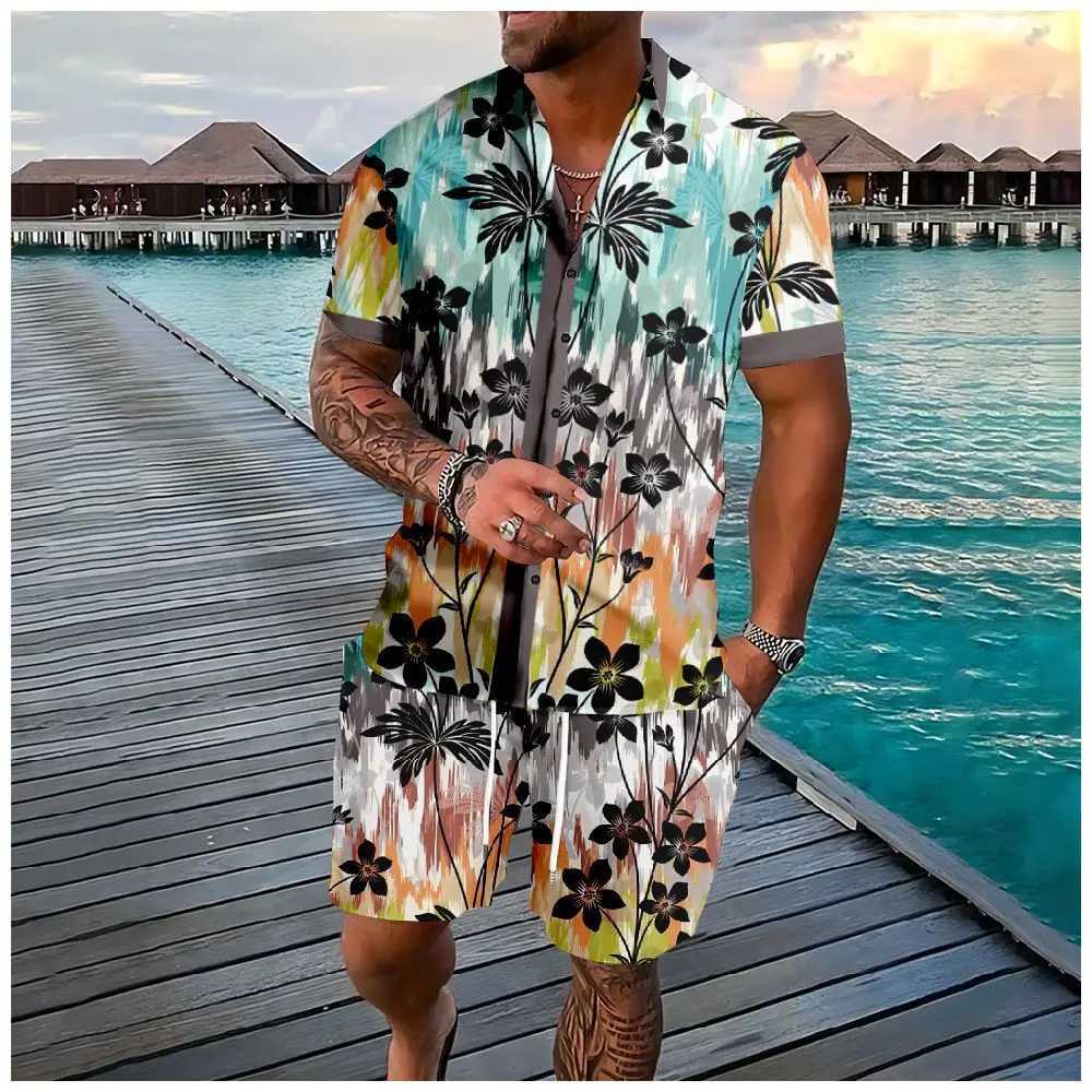 Fashion Summer Flower 3D Print Men Shirt Sets Short Sleeve Shirt Oversized Casual Beach Shorts Streetwear Hawaiian Suits Clothes W250221