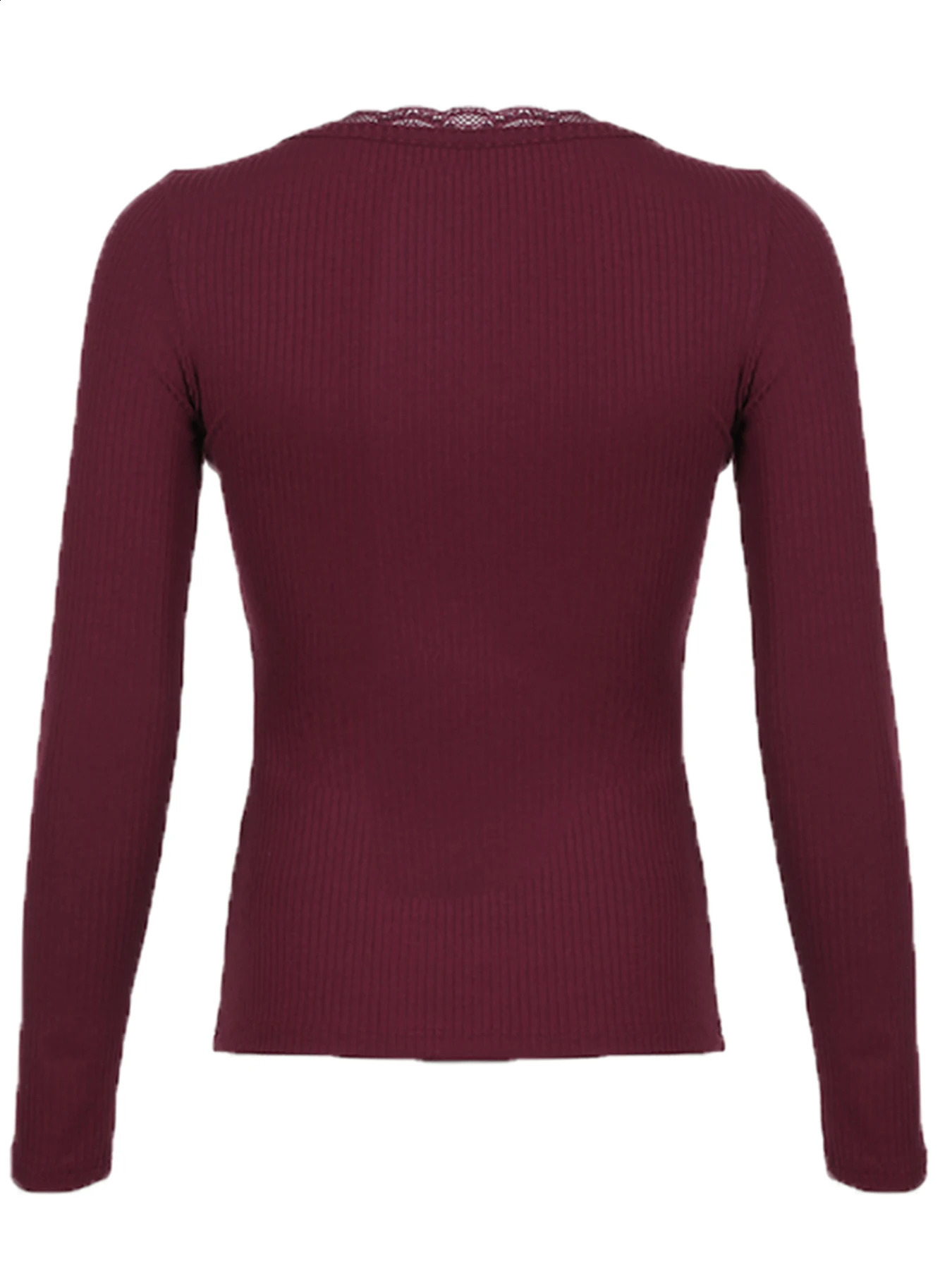 Christmas American Retro Red Solid Slim Ribbed T-Shirt Women Button Up Lace Trim O Neck Long Sleeve Spring Auttumn Vintage Tees 250219