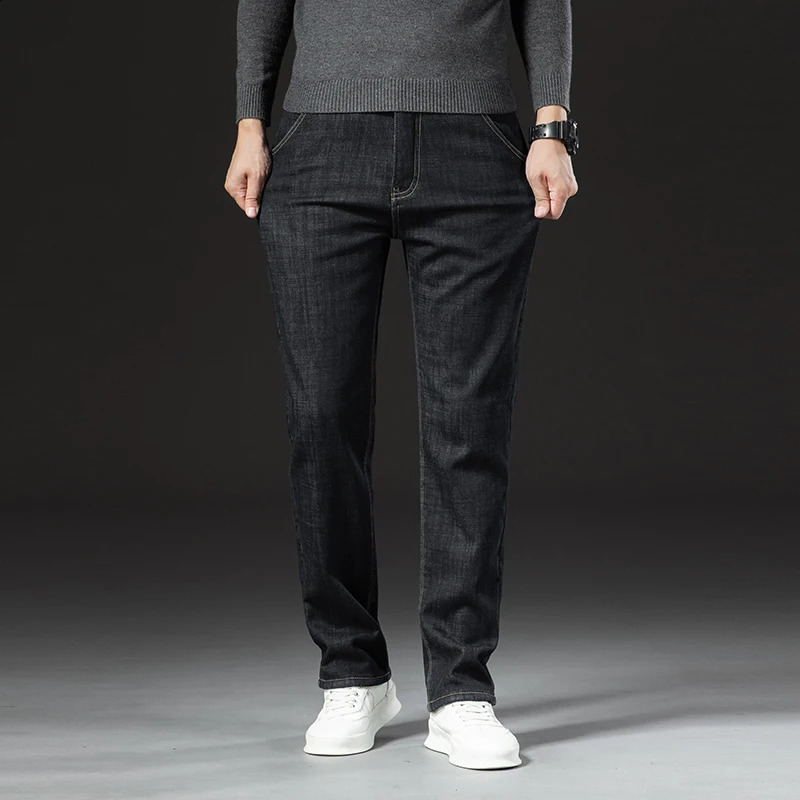 Winter Lamb Fluff Denim Straight Pants Men Thicken Big Size 40 Jeans High Waist Stretch Jeansy Fleece Lined Warm Slim Vaqueros 250214