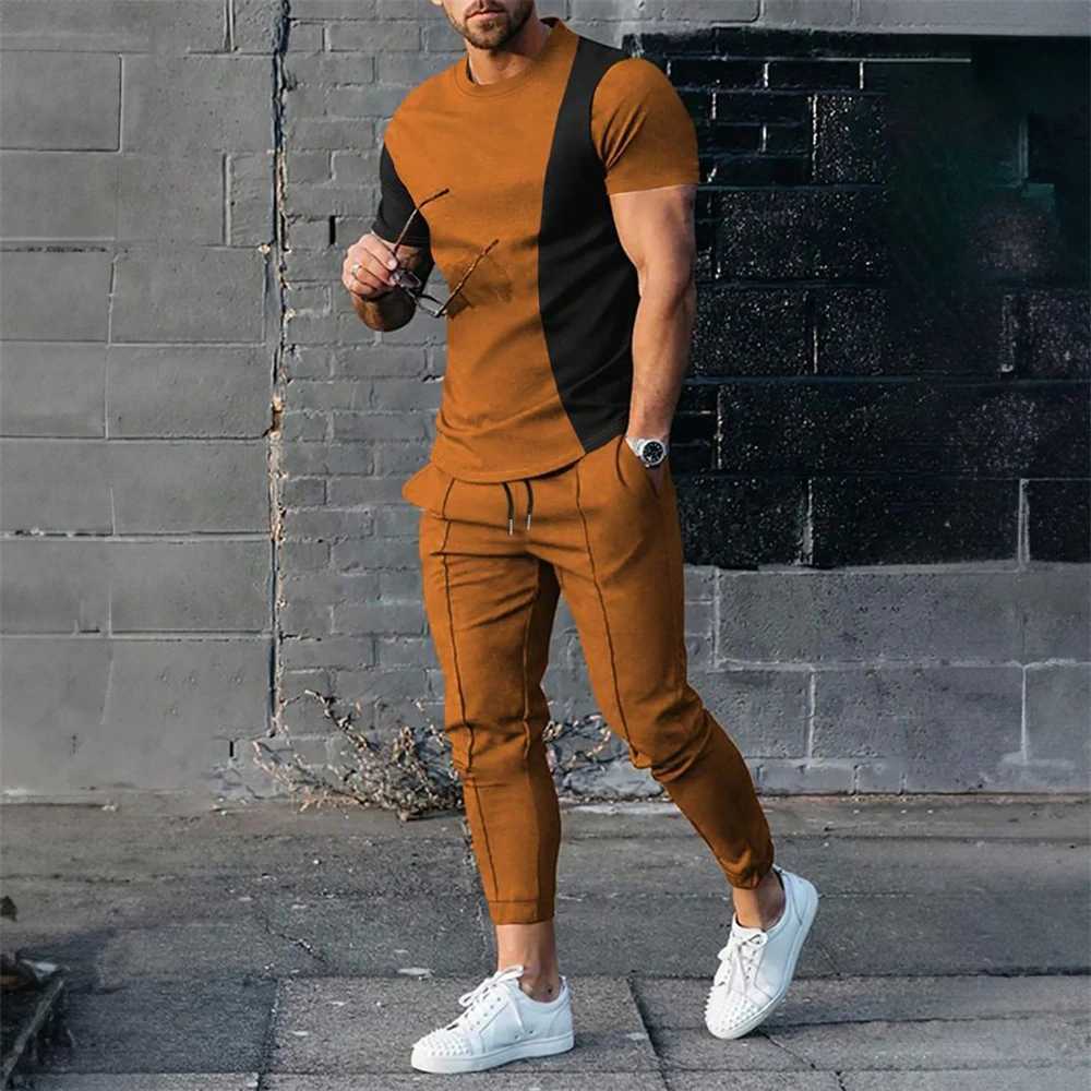 Fashion Men Tracksuit T-Shirt 2 Piece Set Short Sleeve Sportswear Suits Men Clothing Trousers Casual O-Neck Tops Pants Streetwear W250221