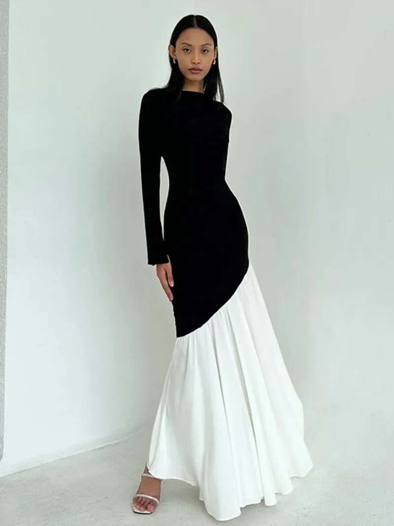 Women's Chic O-Neck Sleeve Black White Patchwork Asymmetrical Long Dress 2025 Spring Office Lady Slim Evening Party Dresses