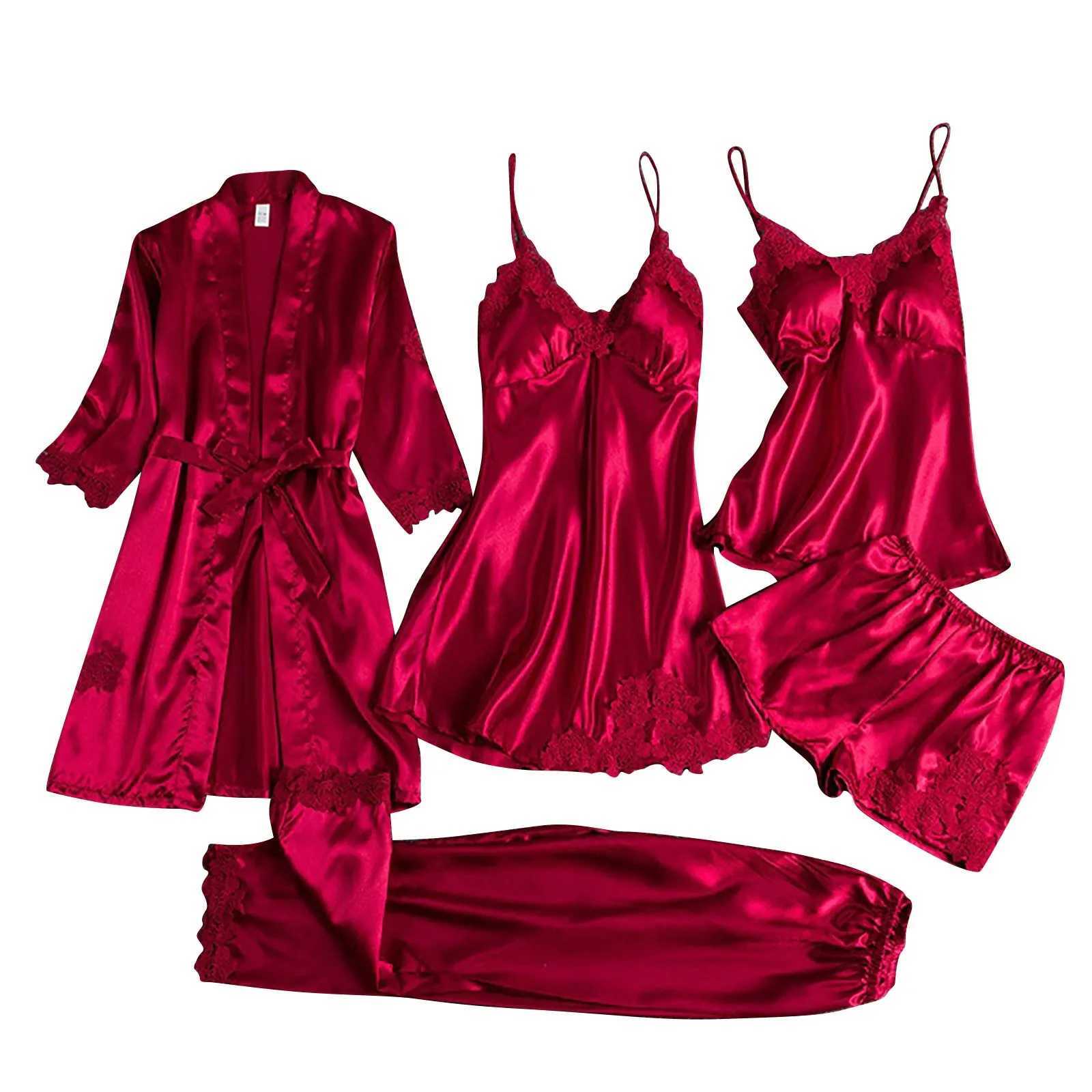 5pcs Ladies Satin Pajamas Set 5 Piece Pijamas Silk Like Lace Paneled Sexy WomenS Pajamas Smooth Skin-Friendly Home SpwearsXJ250220