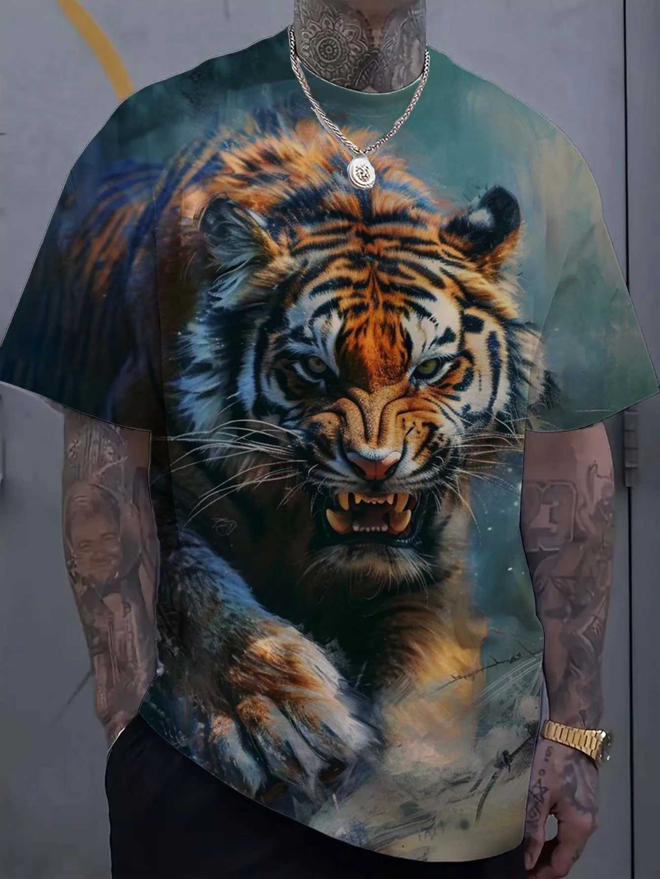 Mens T-shirt with animal tiger pattern 3D printed top summer new womens street clothing fashionable oversized unisex T-shirt mens clothing W250220