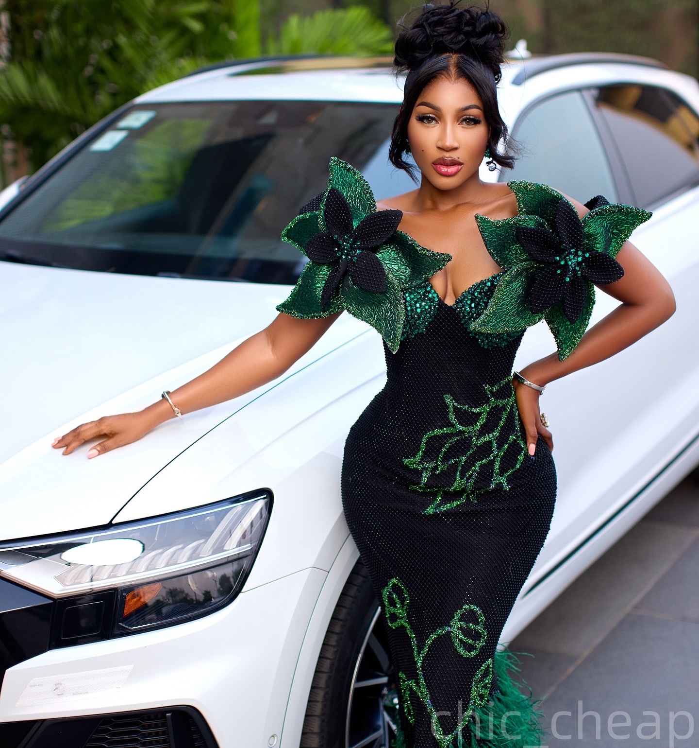 Dark Green Mermaid Prom Dresses 2025 Flowers Crystals Feather Evening Formal Party Second Birthday Engagement Gowns Plus Size Dress For Special Occasi