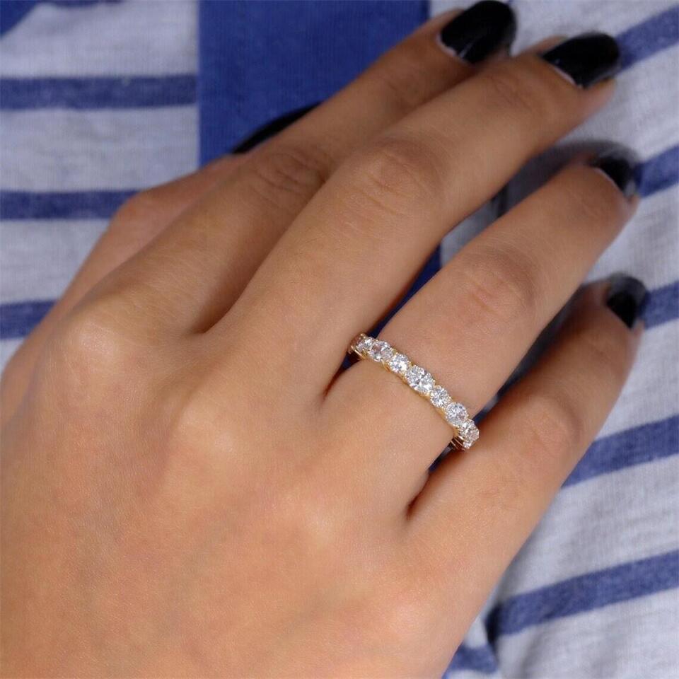 Jewelry 18K Yellow Real Gold 4*3mm Oval-Round 2.5mm Cut Lab Diamond Full Eternity Band Anniversary Wedding Ring For Women