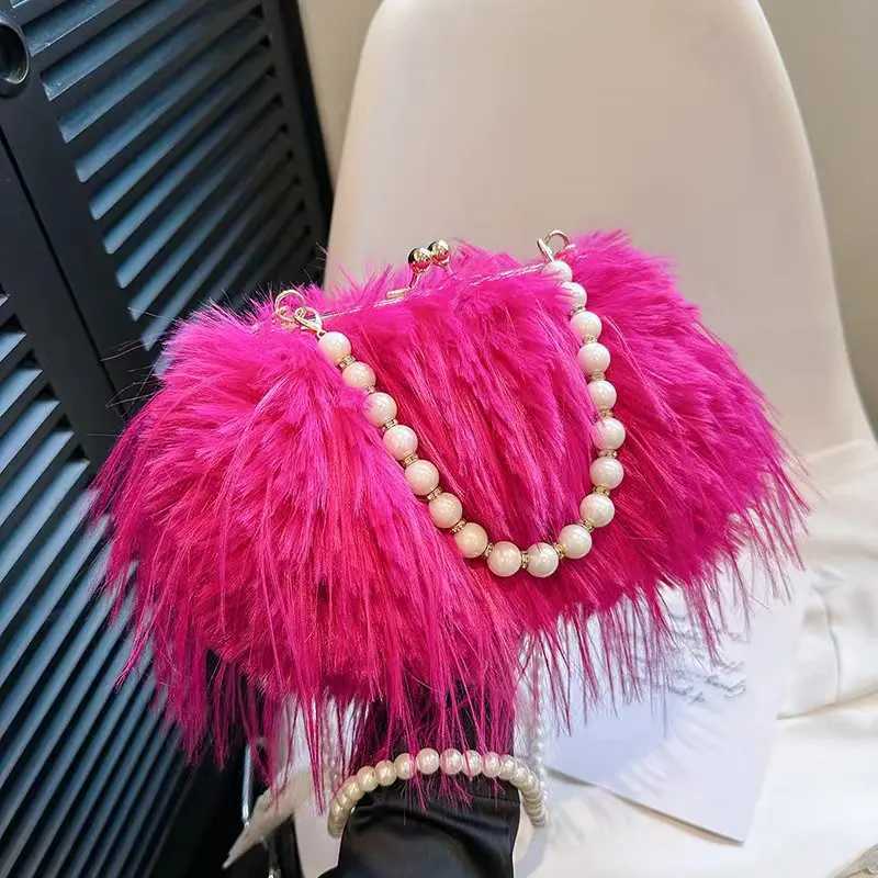 Luxury faux fur evening bag pearl chain fashionable long tassel plush shoulder bag large capacity handbag wedding handbag XA48ZZ Z250220