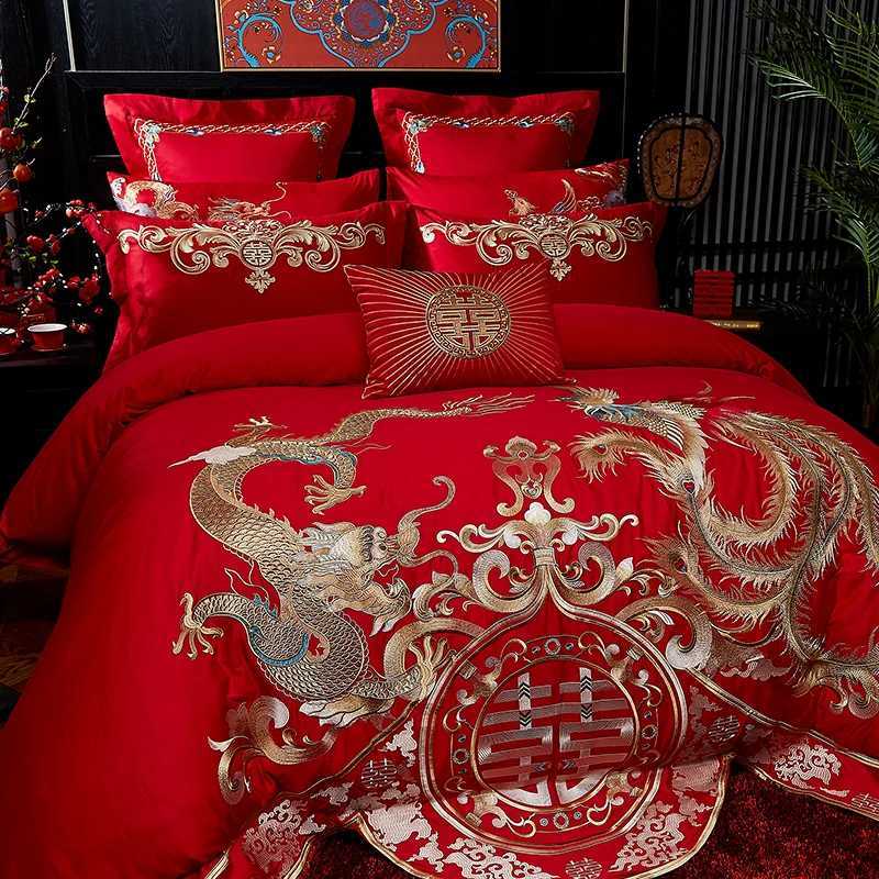 Luxury Dragon Phoenix Embroidery Duvet Cover Set 100%Cotton Chinese Wedding Red Bedding Bed Sheet Pillow Cover Queen King SizeXJ250220