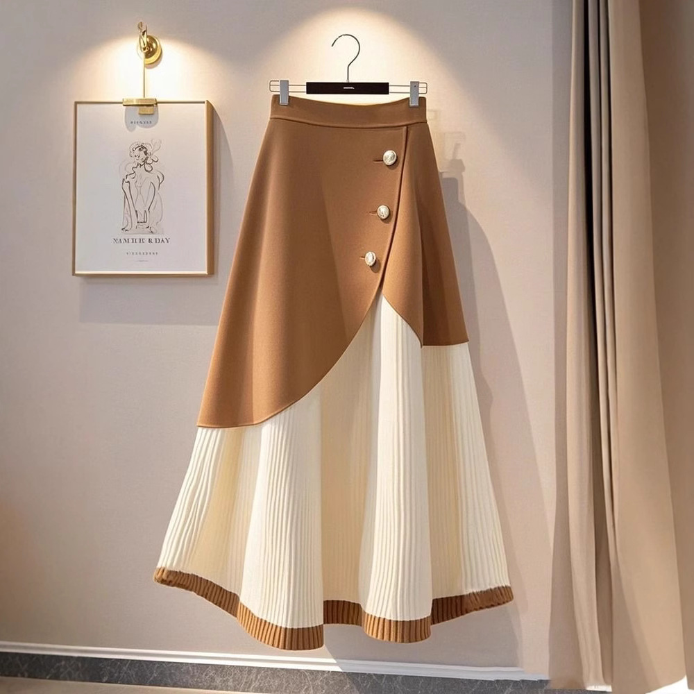 L180 New Fashionable Khaki Lint-free Knitted Skirt Women's Hot Style High Waist A-line Skirt