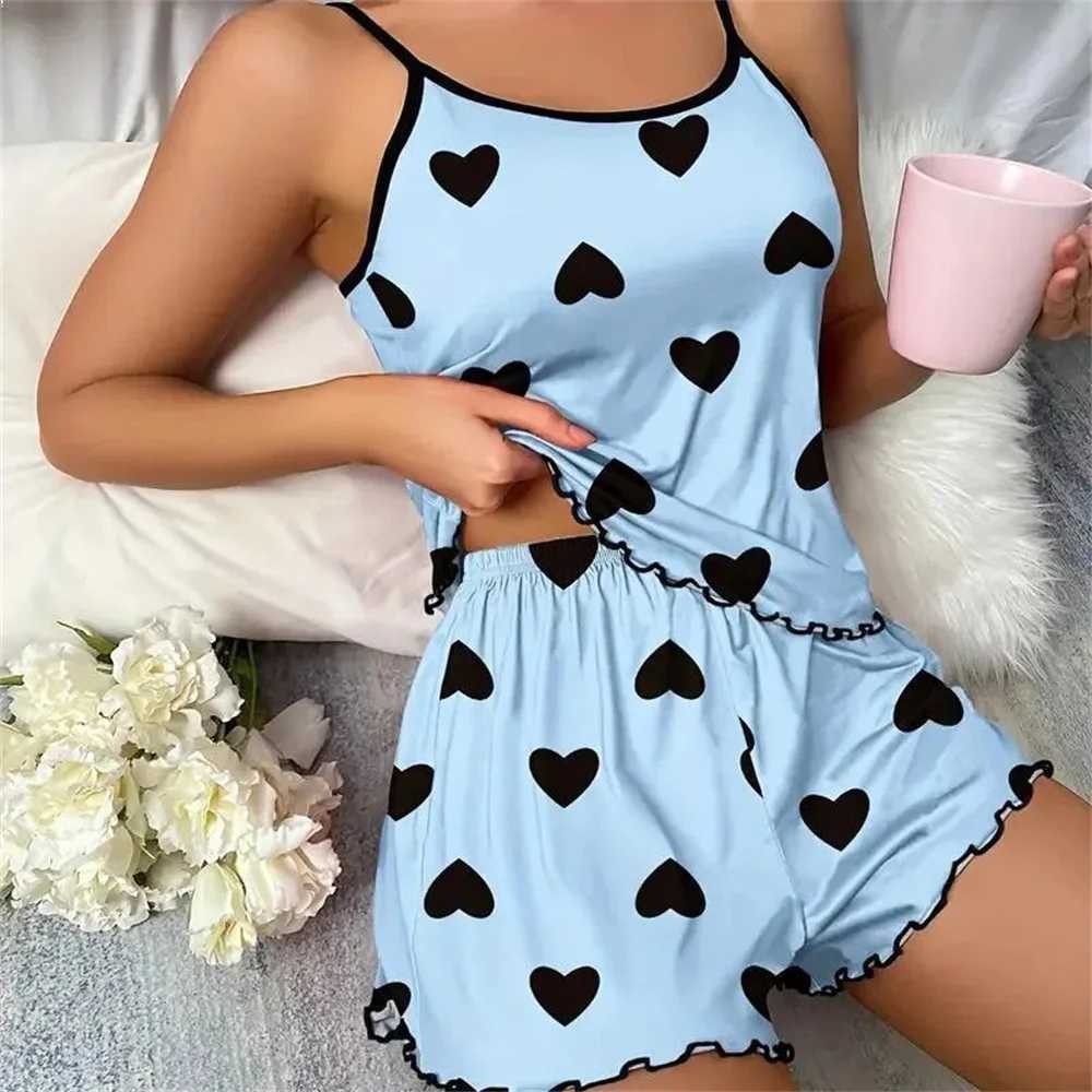 Womens Pajama Set Pajamas T-Shirts Shorts Pink Heart-Shaped Print Round Neck T-Shirt Ice Silk Top Comfortable Casual Summer XJ250220