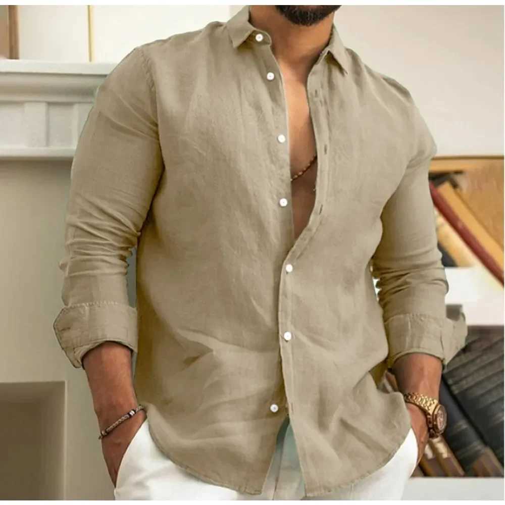 Mens Summer Beach Shirt Linen Button Up Long Sleeve Plain Lapel Spring Summer Casual Daily Clothing W250220