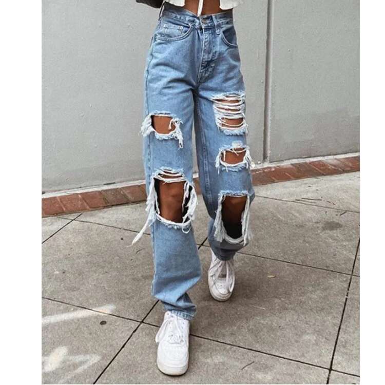 Ripped Vintage Woman's Jeans Distressed Streetwear Hole Hip Hop High Waist Pants Fashion Straight Denim Trousers Summer Jean