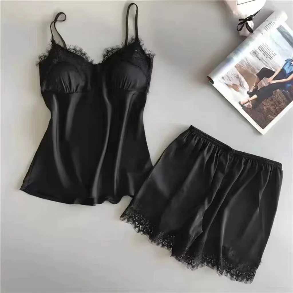 Womens Halter Pajamas 2 PCS Camisole And Shorts Home Wear Red Black Sexy Lace S M Ventilate ComfortXJ250220