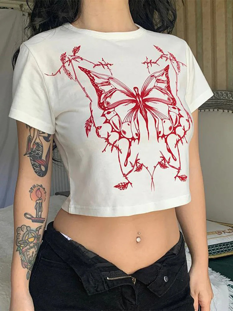 Vintage Fairy Grunge Short Sleeve ONeck Fitted Crop Top Punk Harajuku Egirl Tee American Y2K 90 Tshirt 250214