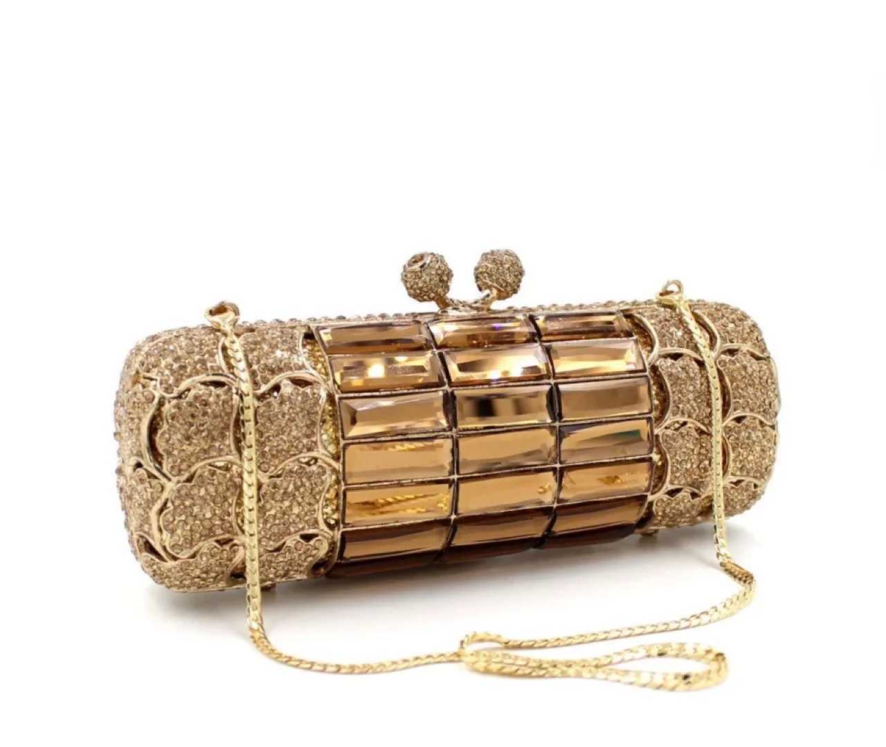Metal Diamond Evening Bag Golden Apricot Brown Glass Diamond Clutch Bag Cylindrical Bag Luxury Designer Handbags Elegant Bag Z250220