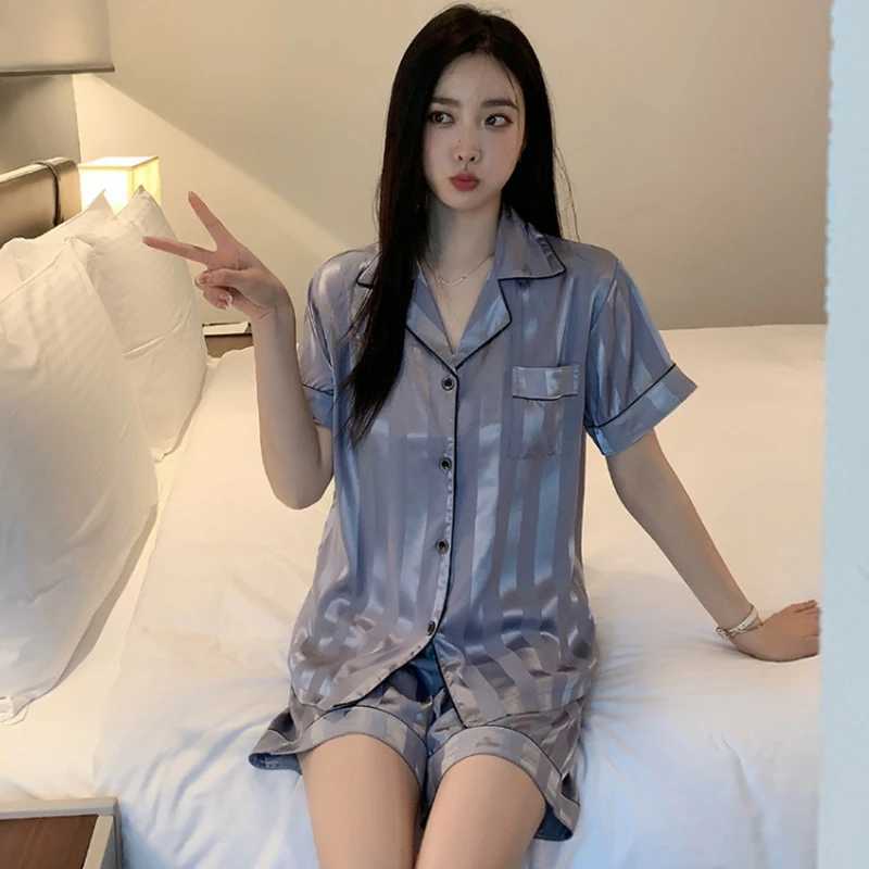 1 Set Womens Ele Lounge Set Plus Size Satin Striped Button Up Long Sve Shirt Pants PajamasXJ250220