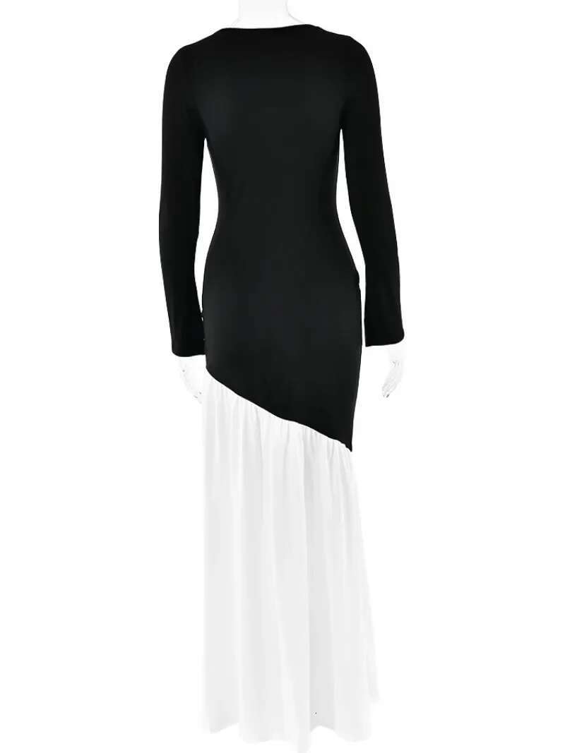 Women's Chic O-Neck Sleeve Black White Patchwork Asymmetrical Long Dress 2025 Spring Office Lady Slim Evening Party Dresses