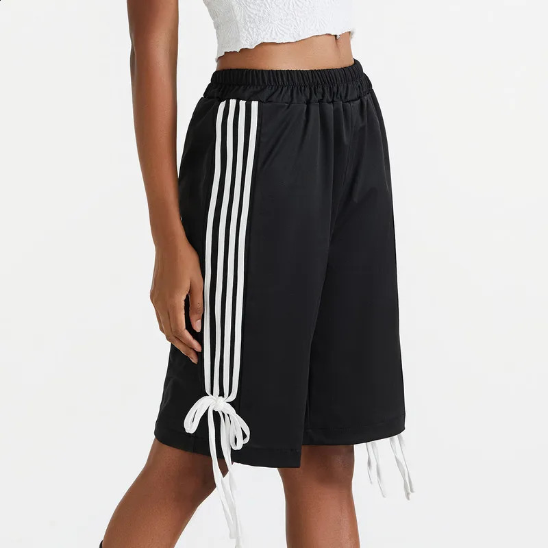 WPNAKS Women Stripe Knee Length Shorts Summer Clothes Elastic Waist Side Stripes Print Bow Details Loose Shorts Streetwear 250214