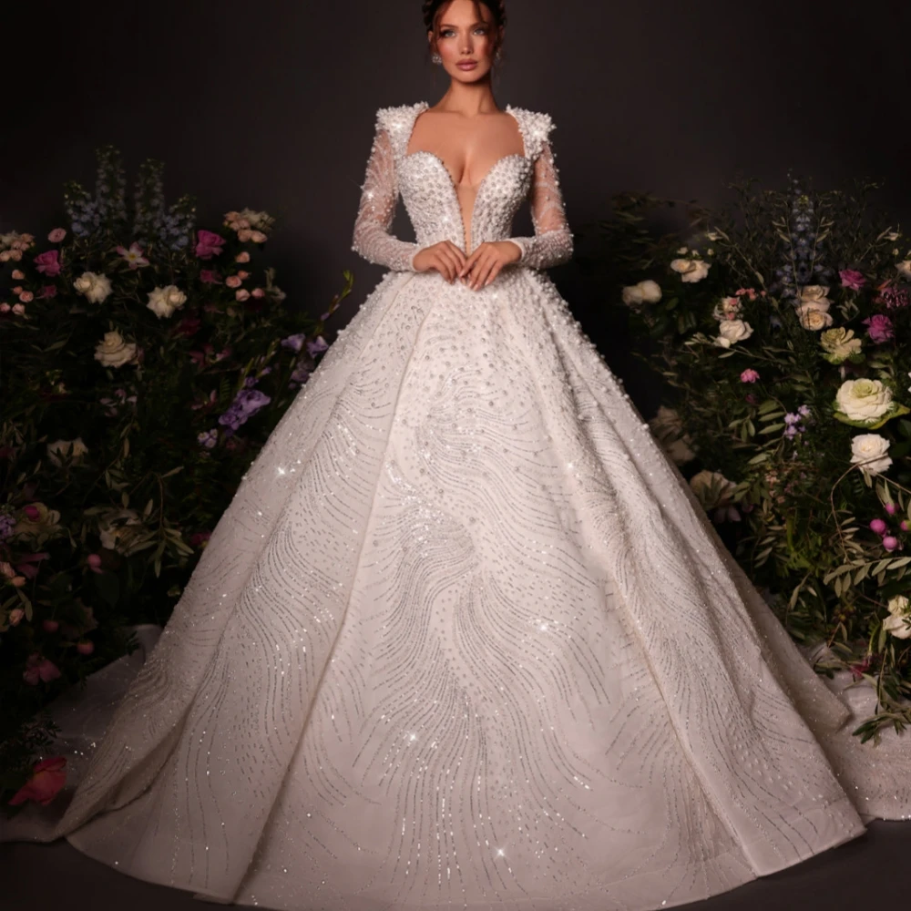 A e Women Wedding Sweetheart Neck Long Sleeves Bridal Gowns Sequins Pearls Sweep Train Dress Custom Made vestidos de novia