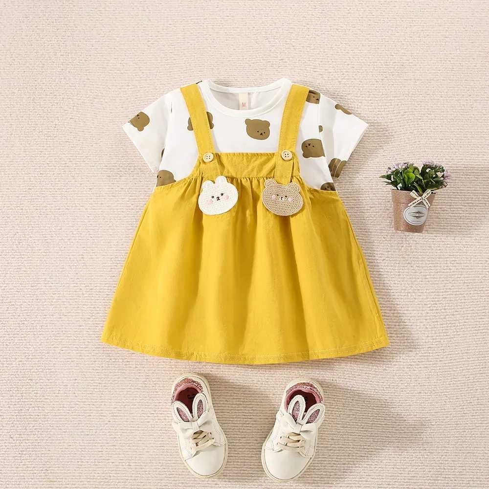 Summer womens cotton teddy bear printed short sleeved dress womens fake two-piece dress with cute dress X250220