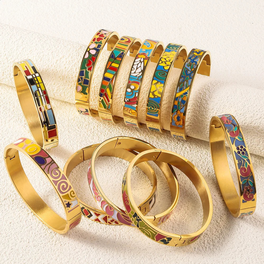 Vintage Stainless Steel Enamel Bracelet For Women Plated 18k Gold Color Open Fashion Jewelry Accessories 250220