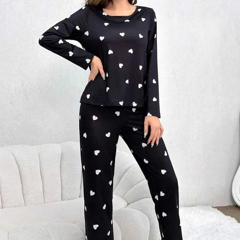 Womens Pajamas Casual Love Print Round Neck Long Sve Long Pants Fall and Winter Comfortable Set Girl Spwear HomewearXJ250220