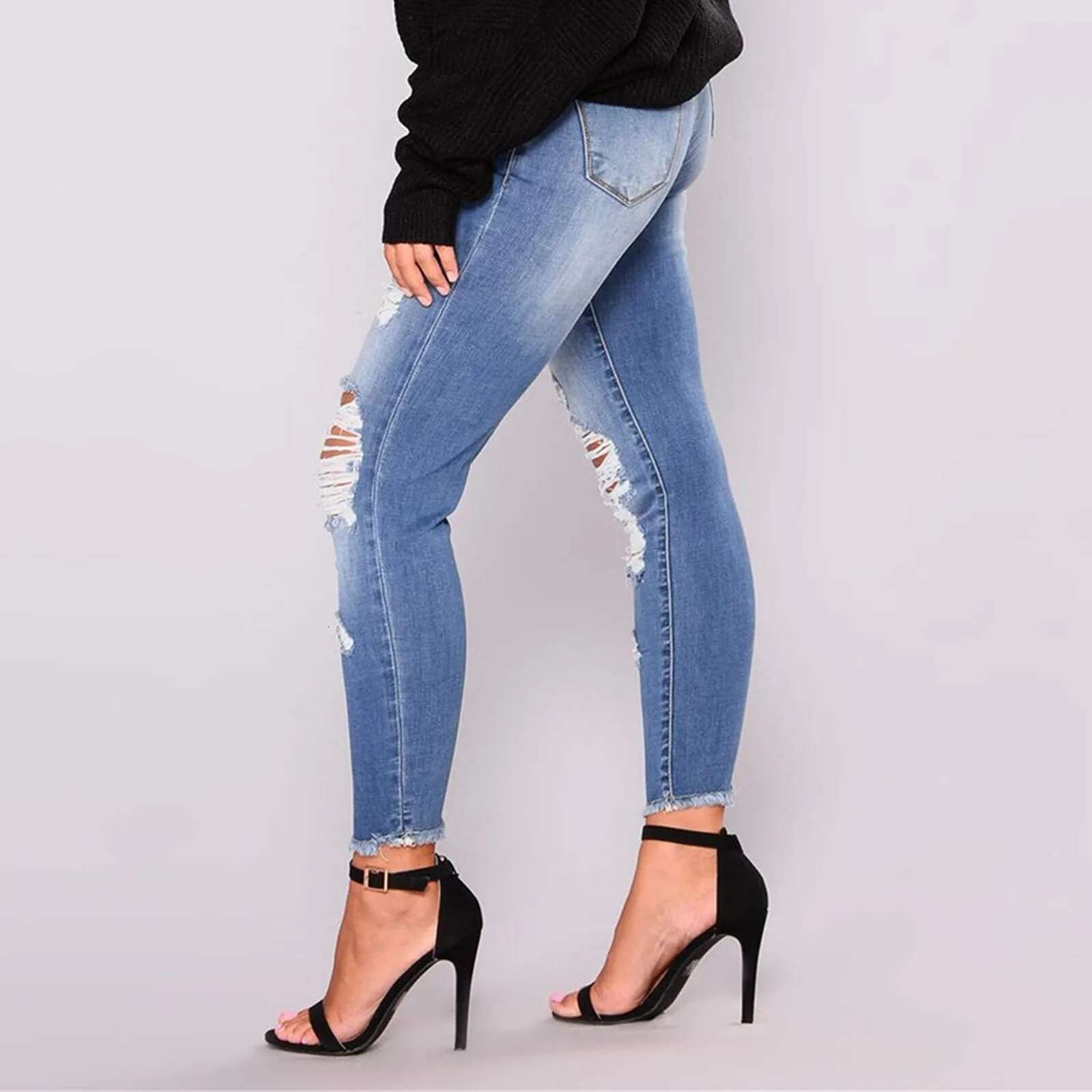 Women's Stretchy Ripped Hole Trousers Slim Jeans Butt Lifting Distressed Denim Pants With Pockets Elastic Vintage Streetwear