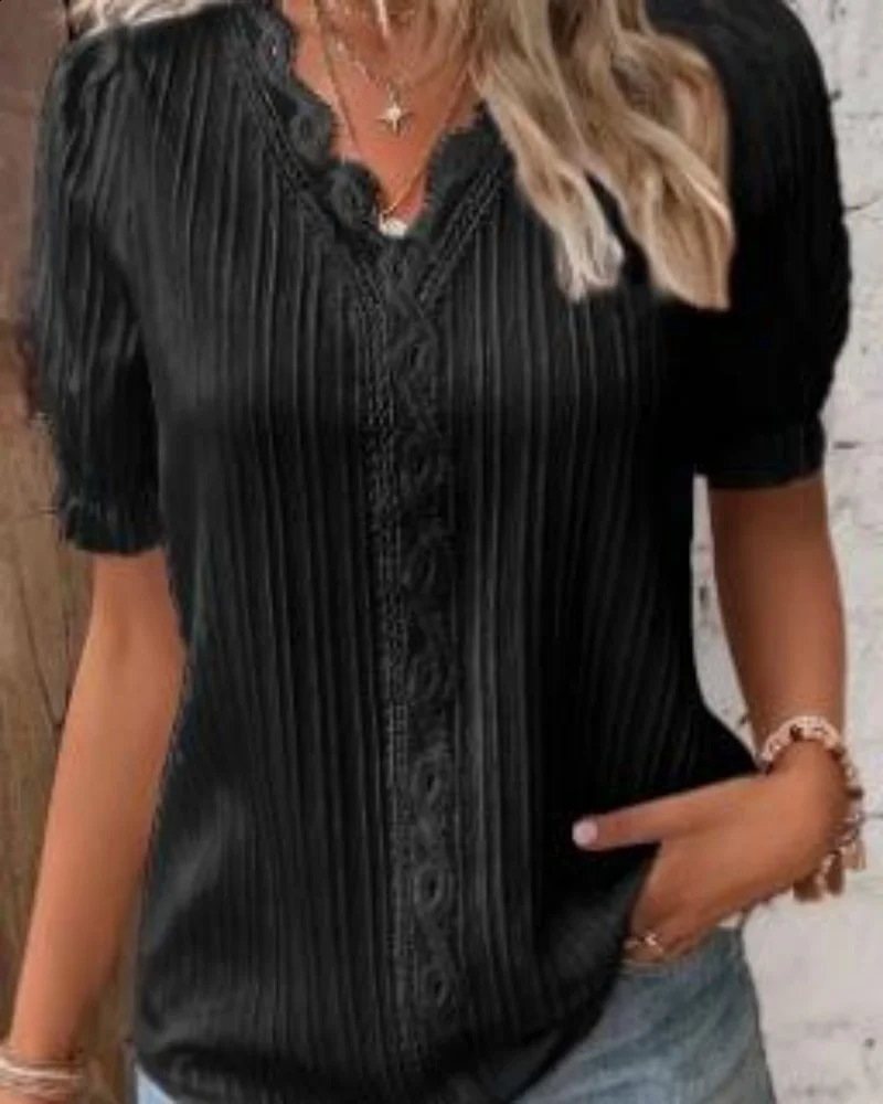 Plus Size Womens Shirt Blouse Yellowgreen Violets White Plain Lace Short Sleeve Casual Basic V Neck Regular Pullover Blo y260711banjia