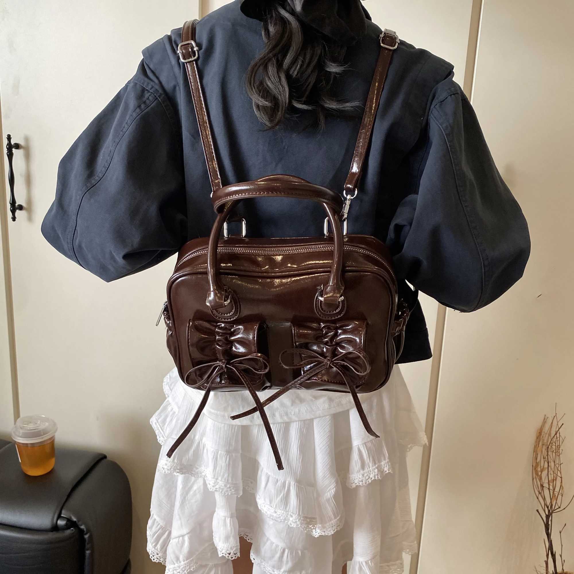 Fashion drstring bow hand-held small bag for women 2024 new Korean version versatile backpack commuting Boston bag Y250220