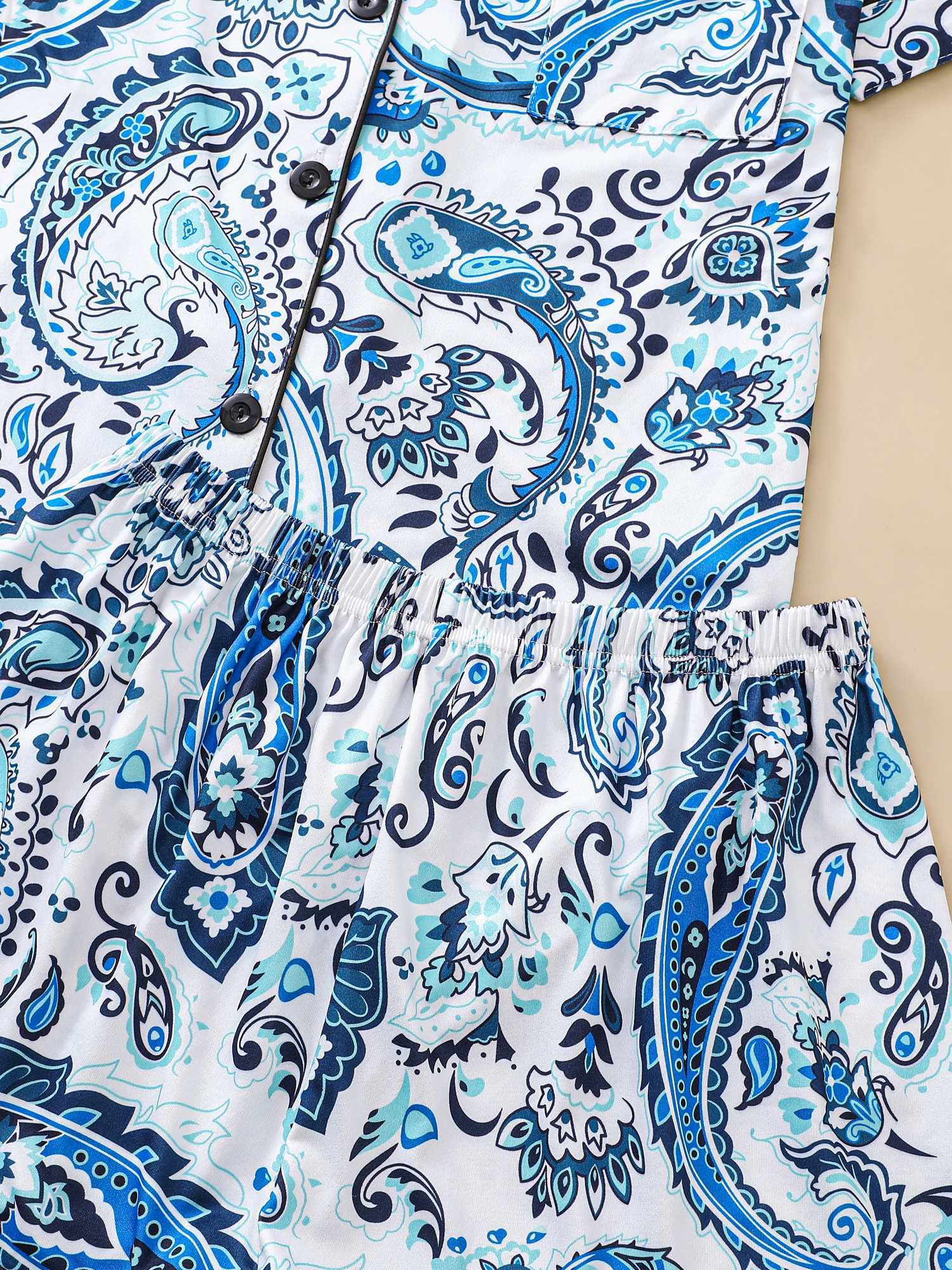 Two-piece set of womens pajamas lapel top and trousers paisley summer casual womens pajamas home wearXJ250220