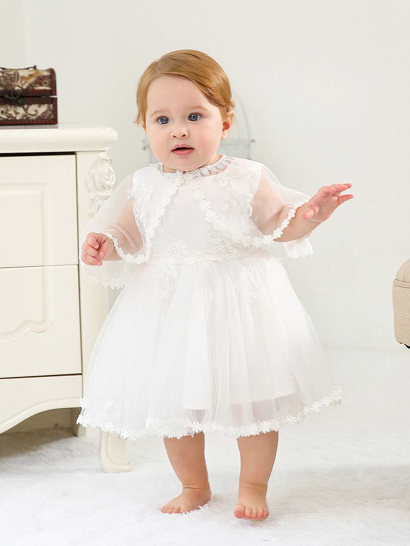 Sleeveless Hood Cloak Soft Satin Floral Embroidered Lace Wedding Party Princess Baby Dress Set X250220