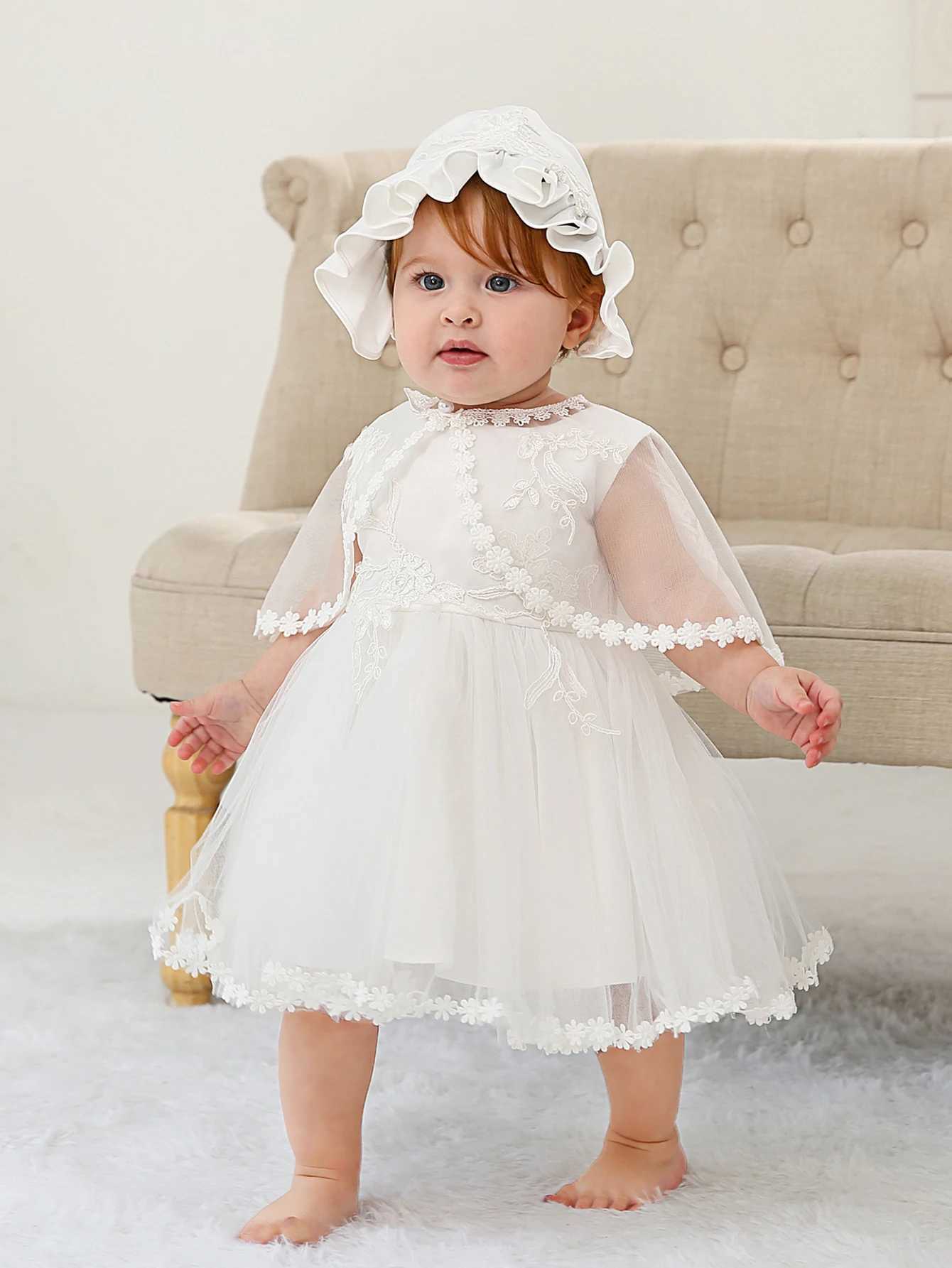 Sleeveless Hood Cloak Soft Satin Floral Embroidered Lace Wedding Party Princess Baby Dress Set X250220