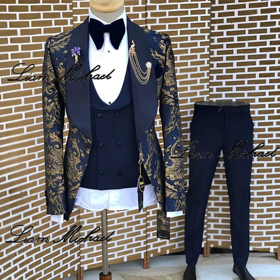 Bronzing Mens Suit Blazer Wedding Groom Tuxedo 3-piece Blue Formal Party Dress XS-5XL Elegant Mens Custom Set X250220