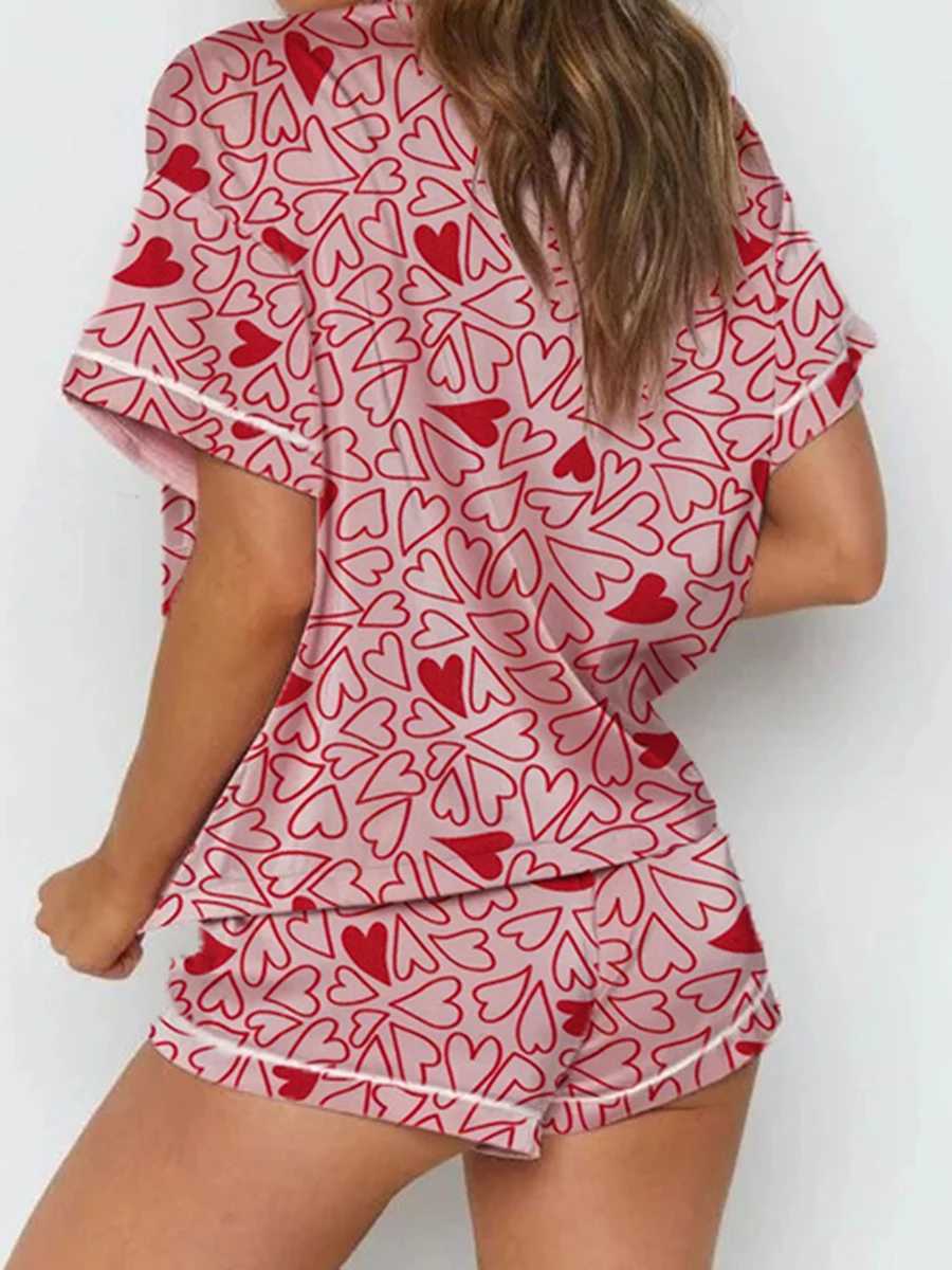 Women s Valentine s Day Silk Pajamas Set with Lace Trim Short Sve Heart Floral Print Shirt and Shorts Spwear SetXJ250220