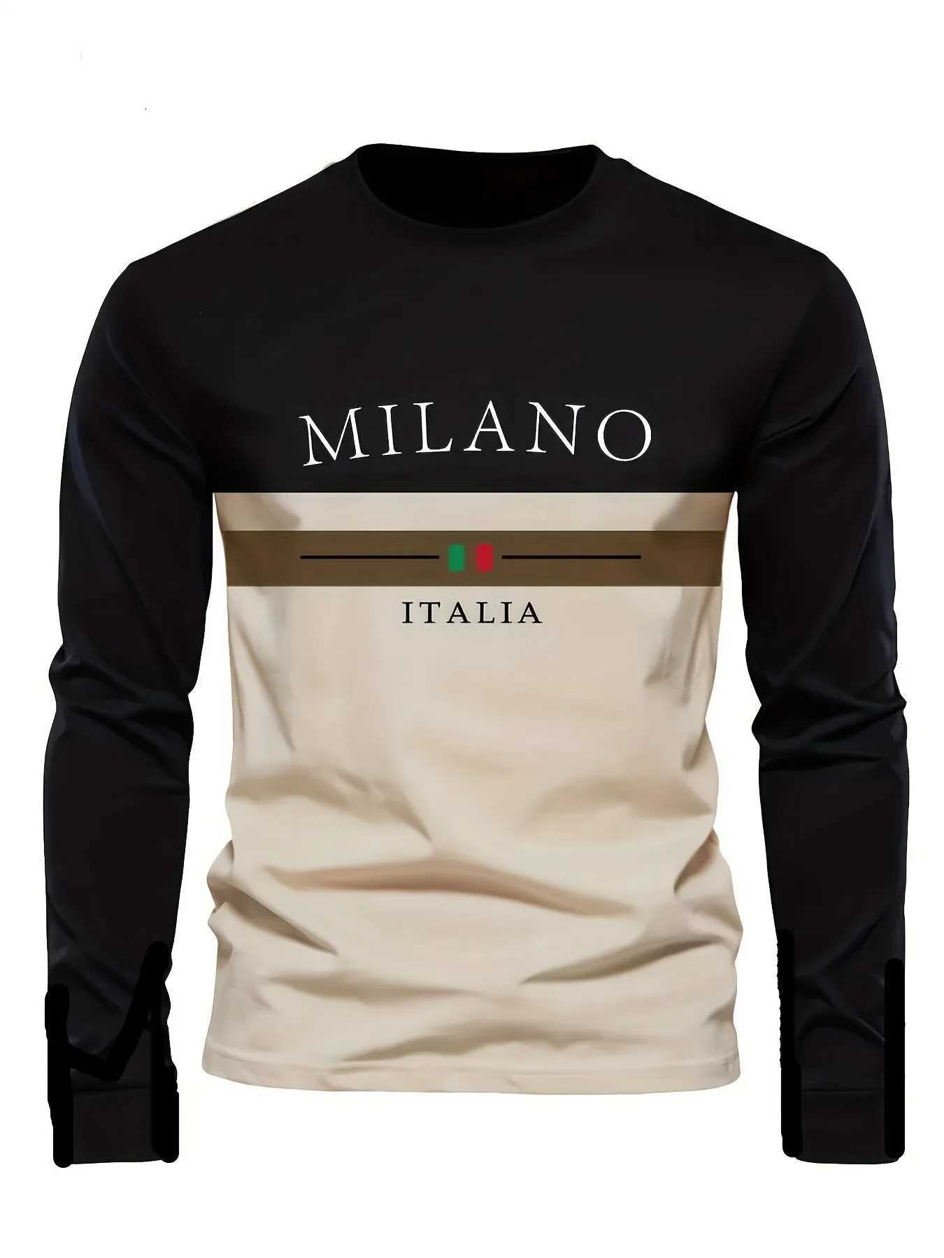 Milan Letter Print Mens Casual Fashion Long Sleeve T-Shirt Perfect for Spring and Fall Daily Outdoor Fashion Wear W250220