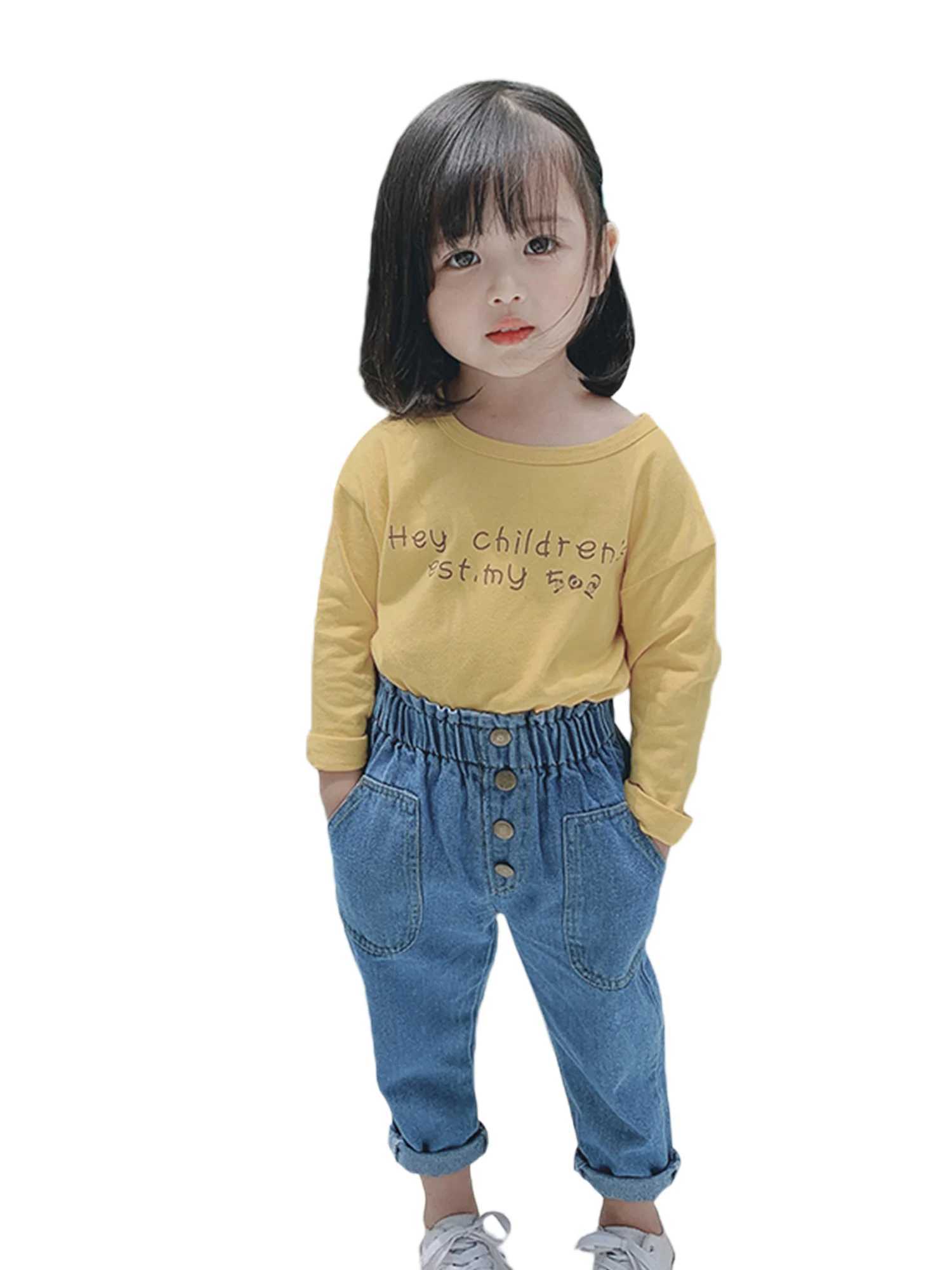 Childrens High Waist Jeans Loose Fit Elastic Waistband Long Pants with Pockets for Spring and Autumn Seasons Z250220